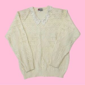 Vintage 80s 90s Grace Knit Sweater with Lace Collar Cream Medium